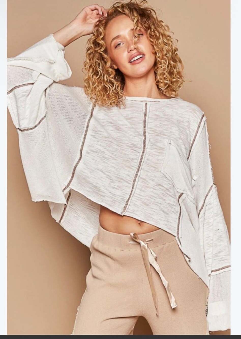 POL Round Neck Contrast Stitching High-Low Top